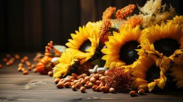 l'automne tournesol arrangement sur une bois Contexte par génératif ai photo