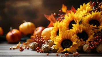 l'automne tournesol arrangement sur une bois Contexte par génératif ai photo