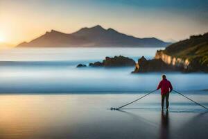 une homme permanent sur une pagayer planche dans le océan à le coucher du soleil. généré par ai photo