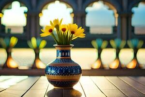 une vase avec Jaune fleurs séance sur une tableau. généré par ai photo