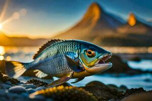 une poisson est montré sur le plage à le coucher du soleil. généré par ai photo