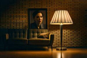 une femme séance dans une chaise suivant à une lampe. généré par ai photo