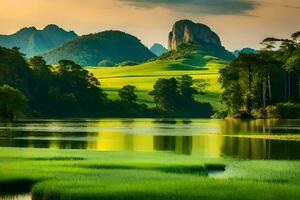 une magnifique paysage avec vert herbe et montagnes. généré par ai photo