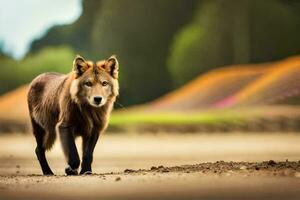 une Loup en marchant sur une saleté route. généré par ai photo