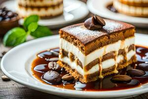 une pièce de gâteau avec café des haricots et Chocolat sauce. généré par ai photo