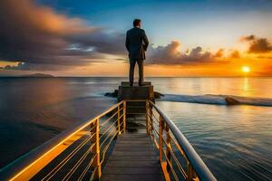 une homme des stands sur une en bois pont à le coucher du soleil. généré par ai photo