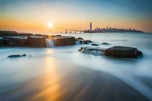 une ville horizon à le coucher du soleil avec vagues s'écraser sur le rochers. généré par ai photo