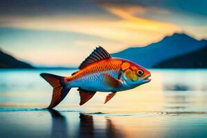 une poisson est permanent sur le l'eau à le coucher du soleil. généré par ai photo