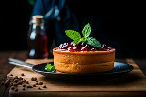 une gâteau avec baies et menthe sur une noir plaque. généré par ai photo