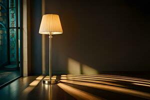 une lampe dans une pièce avec une la fenêtre. généré par ai photo