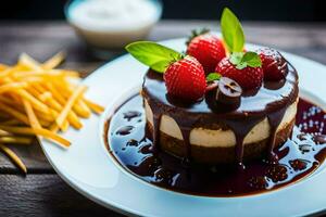 une dessert avec des fraises et Chocolat sauce sur une plaque. généré par ai photo