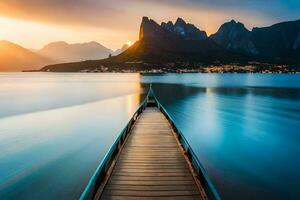 une longue en bois Dock pistes à le océan à le coucher du soleil. généré par ai photo