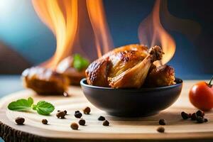 une poulet est sur une en bois Coupe planche avec Feu. généré par ai photo