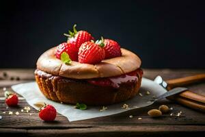 une gâteau avec des fraises et des noisettes sur Haut. généré par ai photo