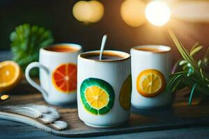 Trois tasses de café avec tranches de des oranges sur une tableau. généré par ai photo