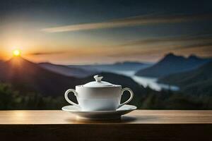 une tasse de thé sur une table dans le montagnes. généré par ai photo