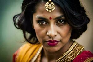 une magnifique Indien femme avec rouge rouge à lèvres et or bijoux. généré par ai photo