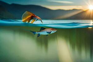 deux poisson nager dans le l'eau à le coucher du soleil. généré par ai photo