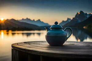 thé pot sur une en bois table surplombant une lac. généré par ai photo