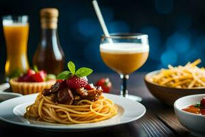 spaghetti, Viande et une verre de du vin. généré par ai photo