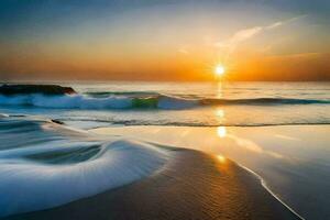 le Soleil monte plus de le océan et vagues. généré par ai photo