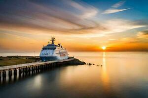 une croisière navire amarré à le jetée à le coucher du soleil. généré par ai photo