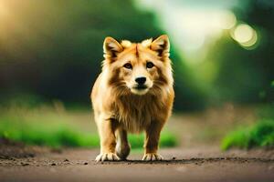 une chien en marchant sur une route dans le milieu de le journée. généré par ai photo