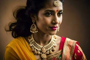 une magnifique Indien femme portant traditionnel bijoux. généré par ai photo