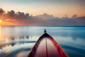 une canoë est dans le l'eau à le coucher du soleil. généré par ai photo