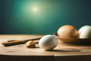 des œufs sur une en bois table avec une vert Contexte. généré par ai photo