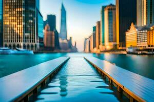 une longue jetée avec l'eau écoulement dans le ville. généré par ai photo