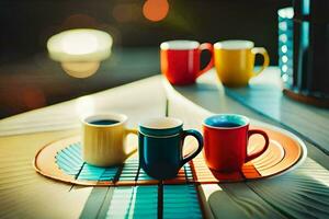 coloré tasses sur une plateau. généré par ai photo