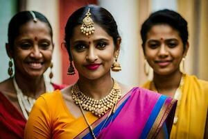Trois femmes dans coloré saris posant pour le caméra. généré par ai photo