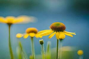 Jaune fleurs dans le herbe avec une bleu ciel. généré par ai photo