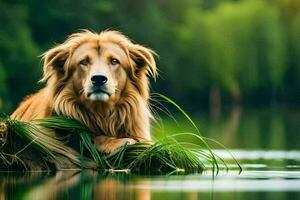 une d'or retriever séance sur une Journal dans le l'eau. généré par ai photo