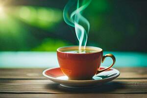 une tasse de café sur une en bois tableau. généré par ai photo