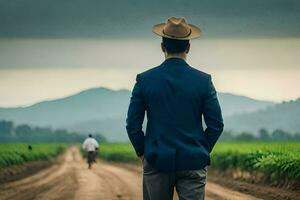 une homme dans une costume et chapeau est en marchant vers le bas une saleté route. généré par ai photo