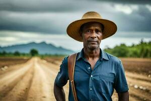 une homme dans une chapeau des stands dans une saleté route. généré par ai photo