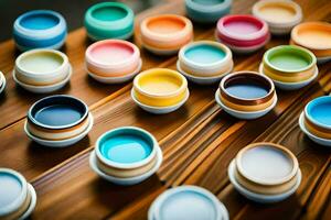 coloré peindre des pots sur une en bois tableau. généré par ai photo