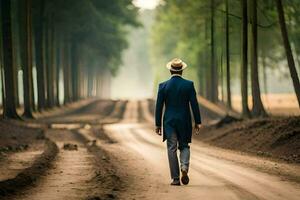 une homme dans une costume et chapeau en marchant vers le bas une saleté route. généré par ai photo