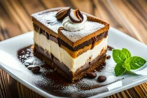 une pièce de gâteau avec Chocolat et café sur une blanc plaque. généré par ai photo