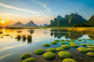 le Soleil ensembles plus de une Lac et herbeux montagnes. généré par ai photo