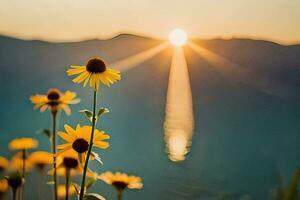 le coucher du soleil plus de le lac, Jaune fleurs, montagnes, HD fond d'écran. généré par ai photo