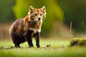 une rouge Renard est en marchant dans le herbe. généré par ai photo