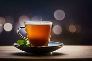 une tasse de thé sur une en bois tableau. généré par ai photo