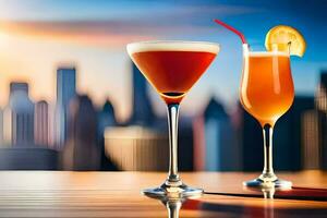 deux des cocktails sur une table avec ville horizon dans le Contexte. généré par ai photo