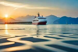 une croisière navire dans le océan à le coucher du soleil. généré par ai photo