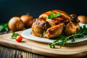 poulet sur une assiette avec herbes et des légumes. généré par ai photo