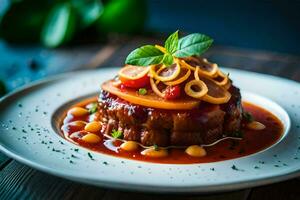 une assiette avec une dessert sur il. généré par ai photo