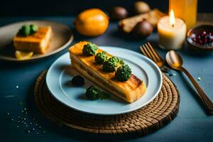 une pièce de gâteau avec brocoli sur il est assis sur une plaque. généré par ai photo